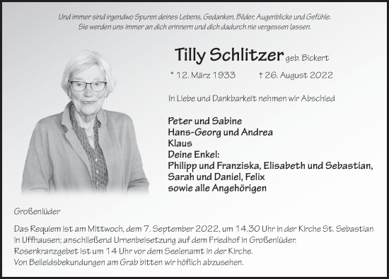 Traueranzeige von Tilly Schlitzer von FZ
