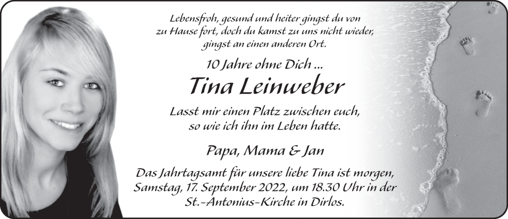  Traueranzeige für Tina Leinweber vom 16.09.2022 aus FZ