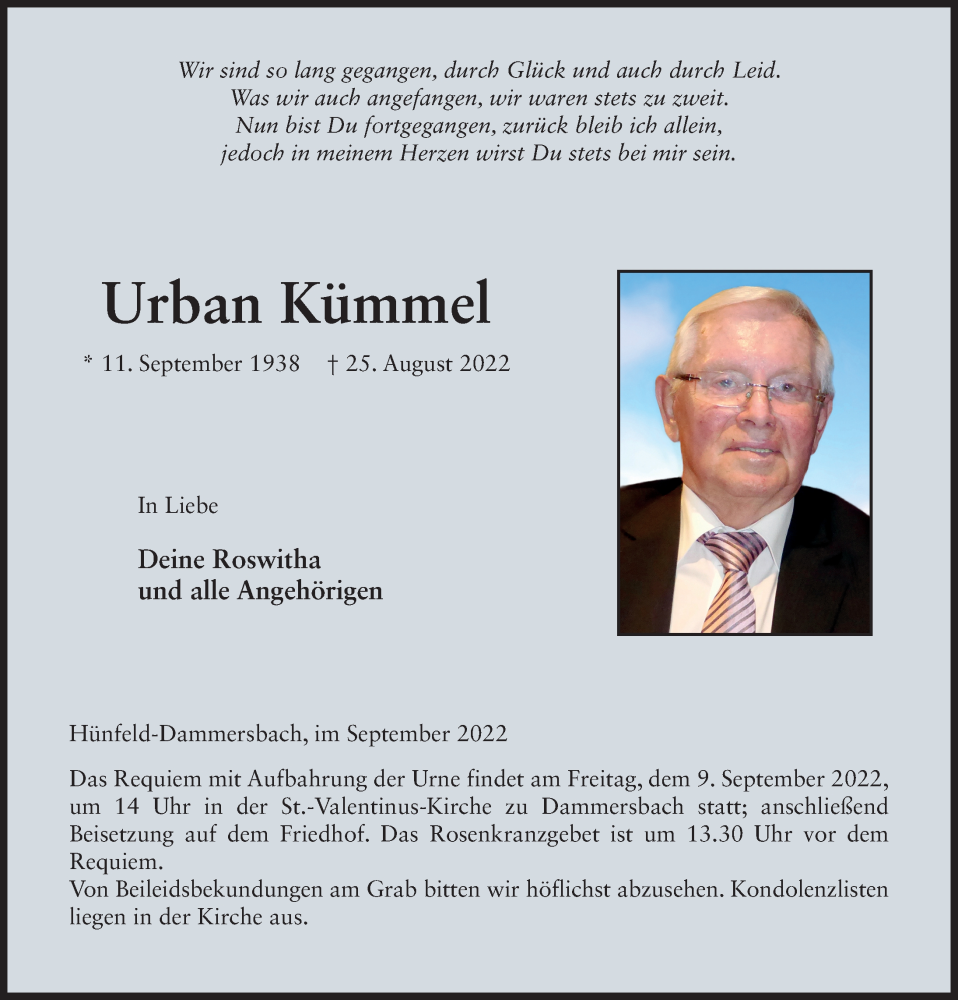  Traueranzeige für Urban Kümmel vom 06.09.2022 aus FZ