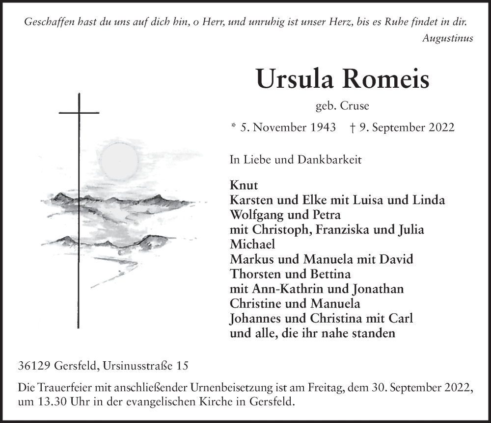  Traueranzeige für Ursula Romeis vom 28.09.2022 aus FZ