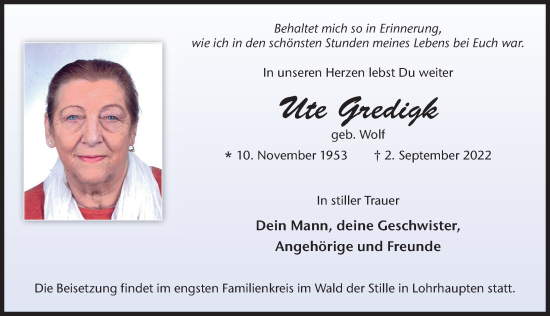 Traueranzeige von Ute Gredigk von FZ