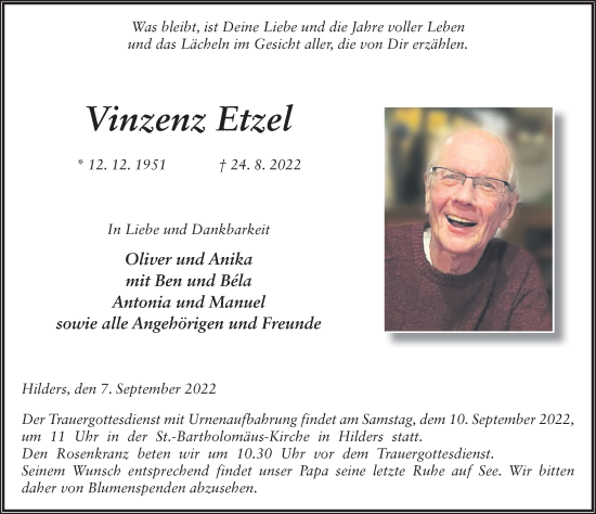 Traueranzeige von Vinzenz Etzel von FZ