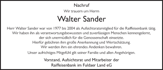 Traueranzeige von Walter Sander von FZ