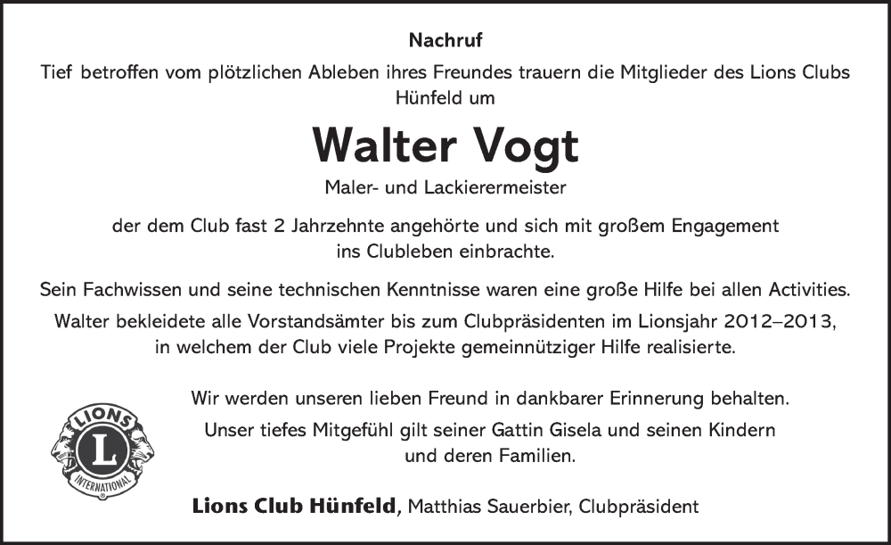  Traueranzeige für Walter Vogt vom 16.09.2022 aus FZ
