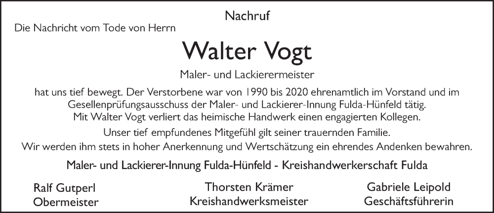  Traueranzeige für Walter Vogt vom 16.09.2022 aus FZ
