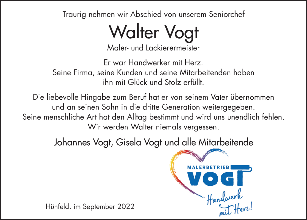  Traueranzeige für Walter Vogt vom 16.09.2022 aus FZ