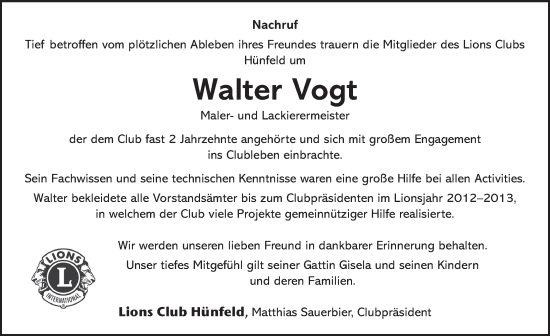 Traueranzeige von Walter Vogt von FZ