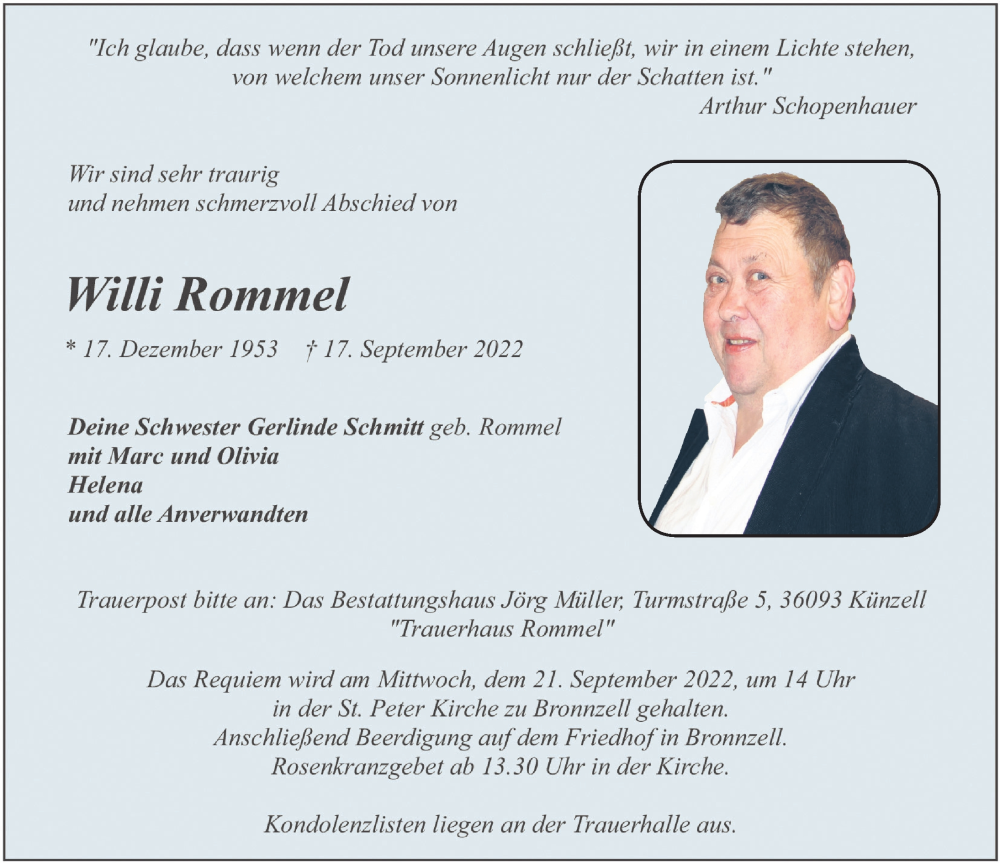  Traueranzeige für Willi Rommel vom 20.09.2022 aus FZ