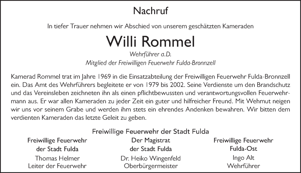  Traueranzeige für Willi Rommel vom 20.09.2022 aus FZ