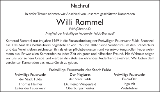 Traueranzeige von Willi Rommel von FZ