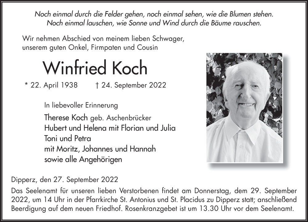  Traueranzeige für Winfried Koch vom 27.09.2022 aus FZ