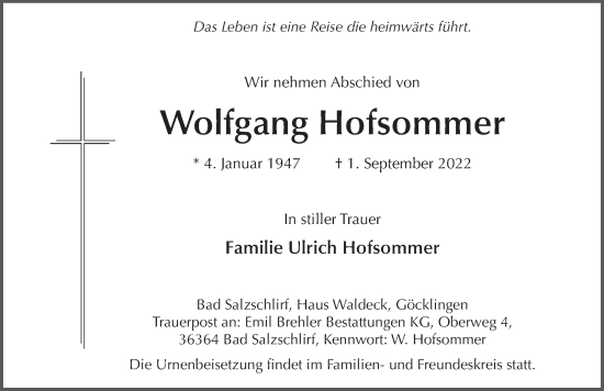 Traueranzeige von Wolfgang Hofsommer von FZ