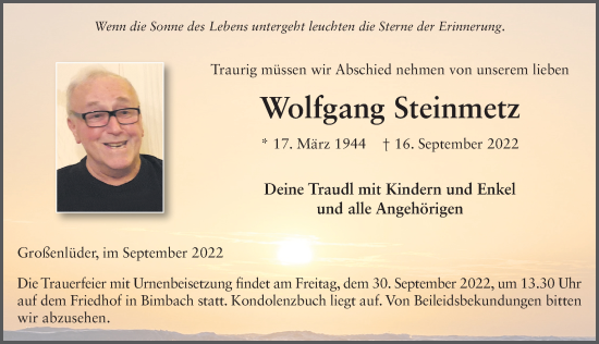 Traueranzeige von Wolfgang Steinmetz von FZ