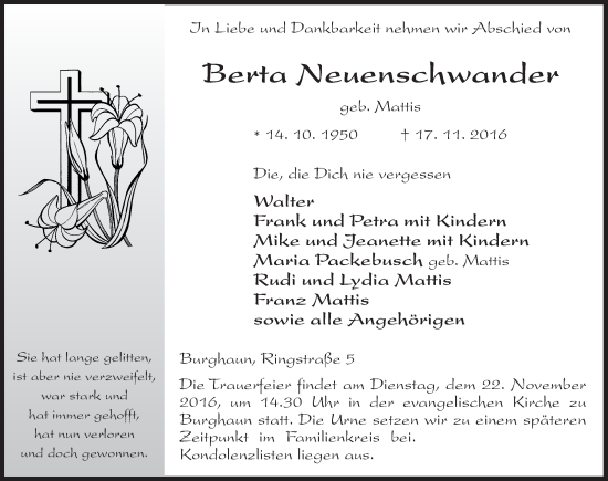 Traueranzeige von Berta Neuenschwander 