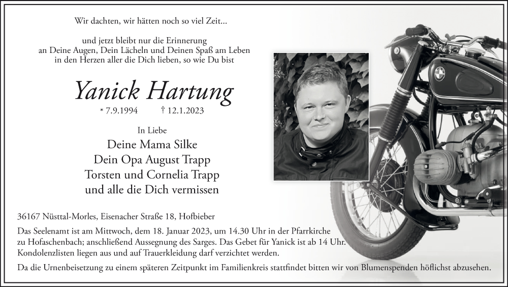  Traueranzeige für Yanick Hartung vom 16.01.2023 aus FZ