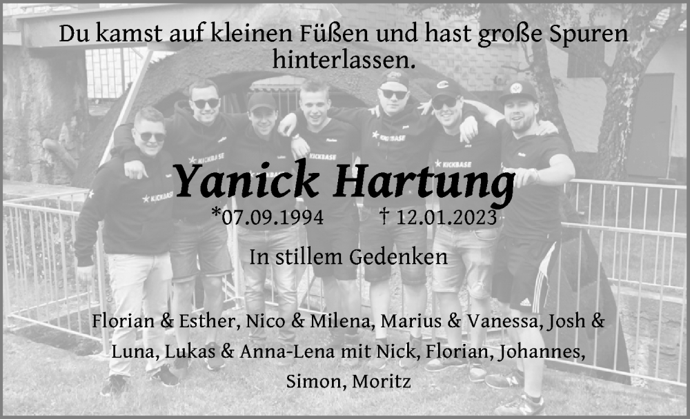  Traueranzeige für Yanick Hartung vom 16.01.2023 aus FZ