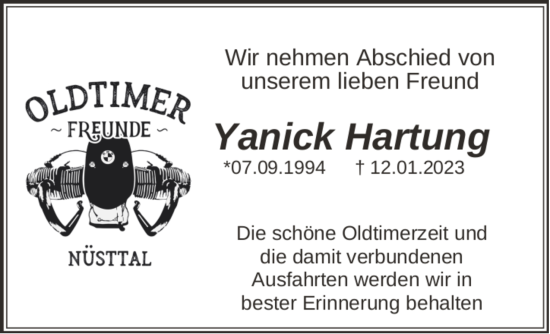 Traueranzeige von Yanick Hartung von FZ
