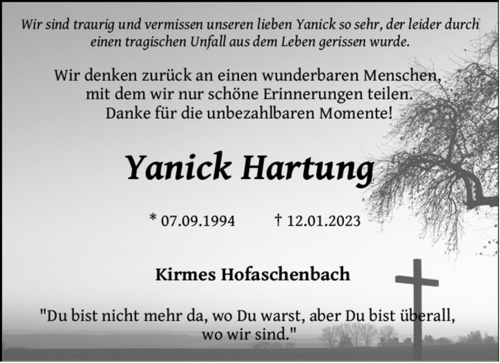  Traueranzeige für Yanick Hartung vom 16.01.2023 aus FZ