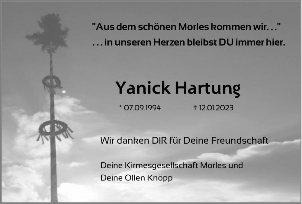  Traueranzeige für Yanick Hartung vom 16.01.2023 aus FZ