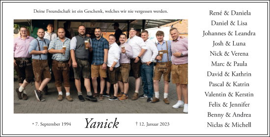 Traueranzeige von Yanick Hartung von FZ