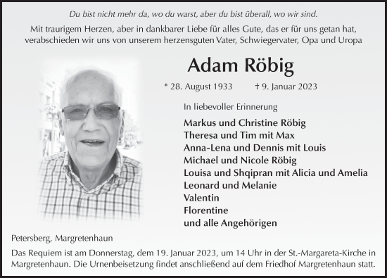Traueranzeige von Adam Röbig von FZ