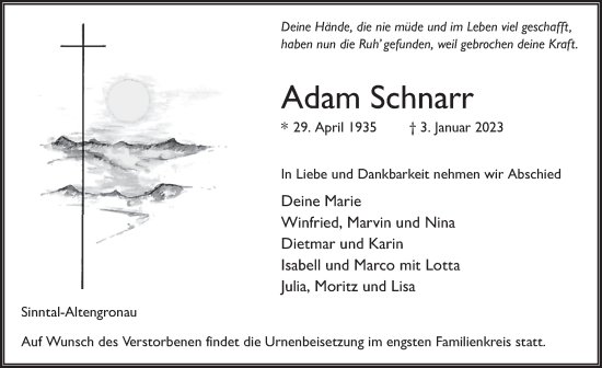 Traueranzeige von Adam Schnarr von FZ