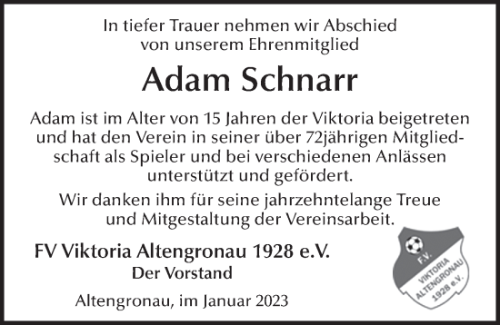 Traueranzeige von Adam Schnarr von FZ