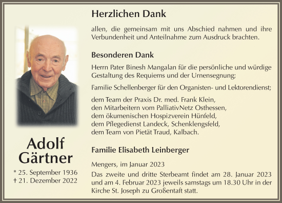Traueranzeige von Adolf Gärtner von FZ