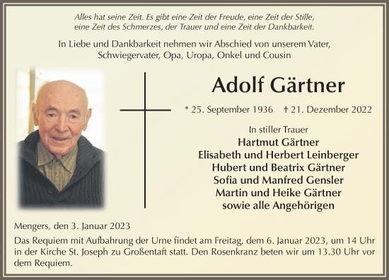 Traueranzeige von Adolf Gärtner von FZ