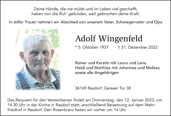 Traueranzeige von Adolf Wingenfeld von FZ