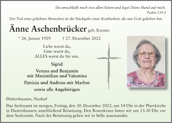 Traueranzeige von Änne Aschenbrücker von FZ