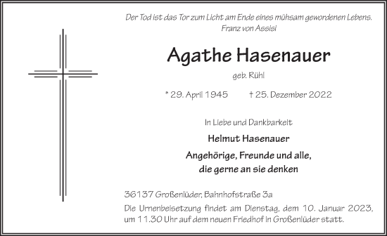 Traueranzeige von Agathe Hasenauer von FZ