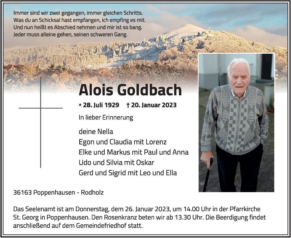  Traueranzeige für Alois Goldbach vom 24.01.2023 aus FZ