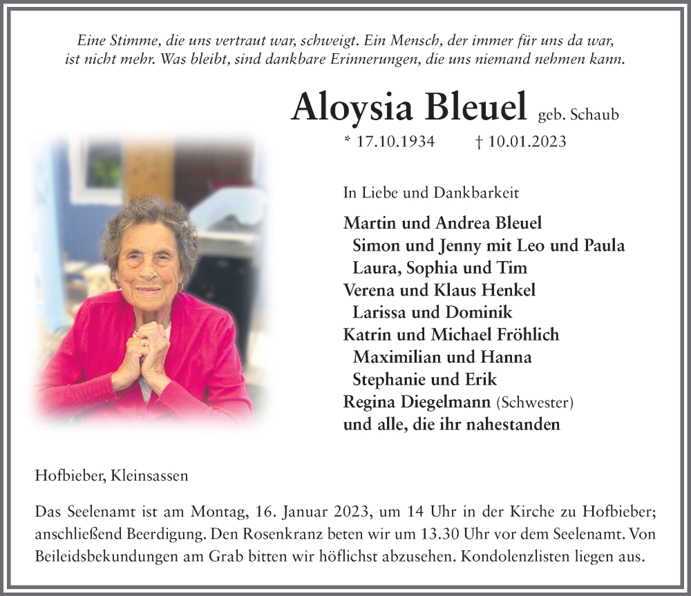  Traueranzeige für Aloysia Bleuel vom 12.01.2023 aus FZ