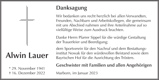 Traueranzeige von Alwin Lauer von FZ