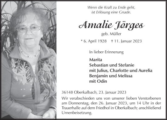 Traueranzeige von Amalie Jörges von FZ