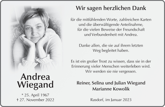 Traueranzeige von Andrea Wiegand von FZ
