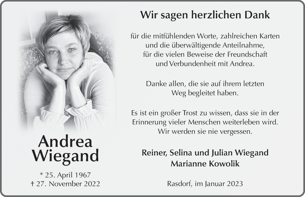  Traueranzeige für Andrea Wiegand vom 28.01.2023 aus FZ