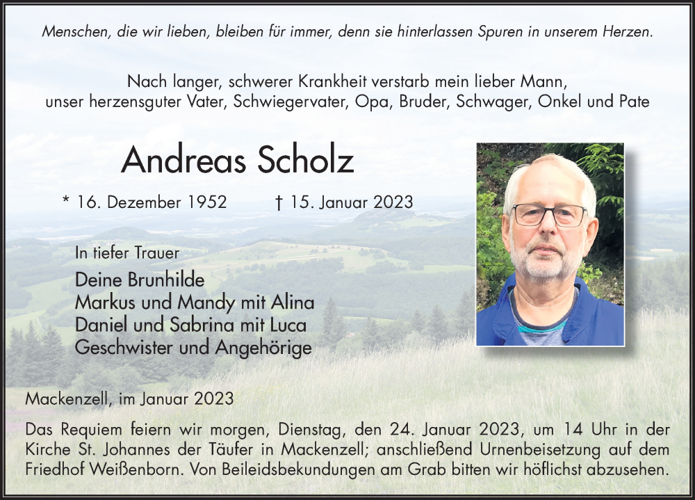  Traueranzeige für Andreas Scholz vom 23.01.2023 aus FZ