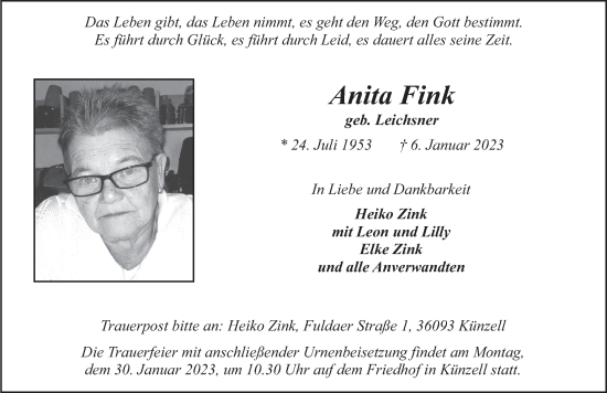 Traueranzeige von Anita Fink von FZ