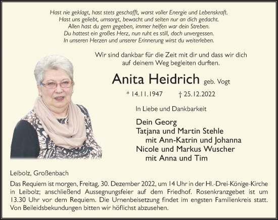 Traueranzeige von Anita Heidrich von FZ