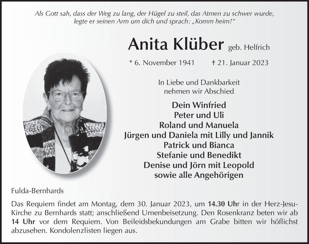  Traueranzeige für Anita Klüber vom 26.01.2023 aus FZ