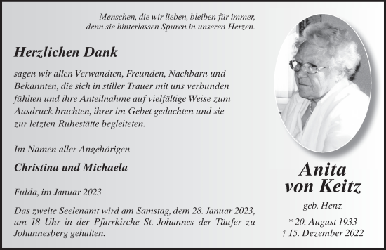 Traueranzeige von Anita von Keitz von FZ