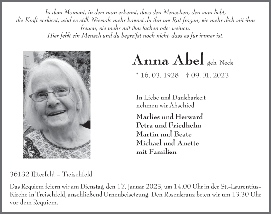 Traueranzeige von Anna Abel von FZ
