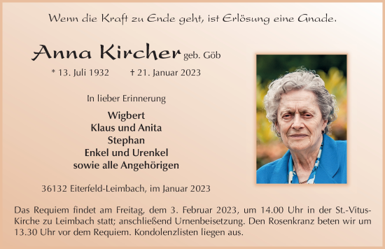 Traueranzeige von Anna Kircher von FZ