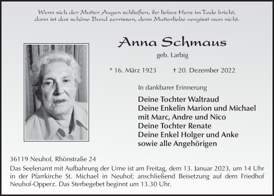 Traueranzeige von Anna Schmaus von FZ