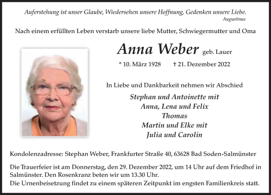 Traueranzeige von Anna Weber von FZ