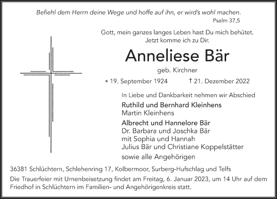 Traueranzeige von Anneliese Bär von FZ