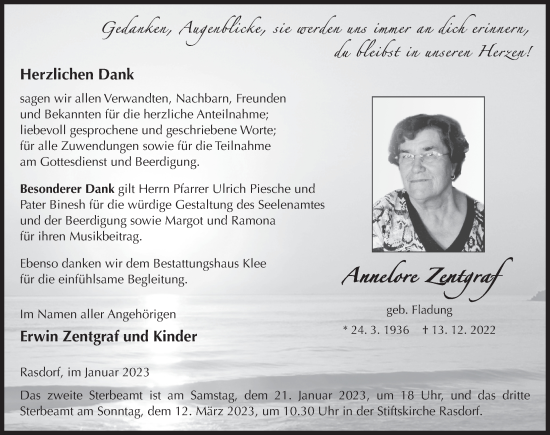 Traueranzeige von Annelore Zentgraf von FZ