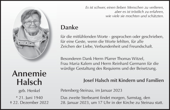 Traueranzeige von Annemie Halsch von FZ